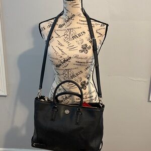 Tory Burch Black Leather Tote with Gold Details